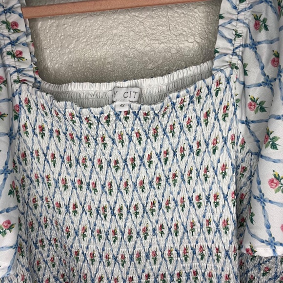 White Smocked Floral Dress – Tiered, Flutter Sleeves - Picture 6 of 9